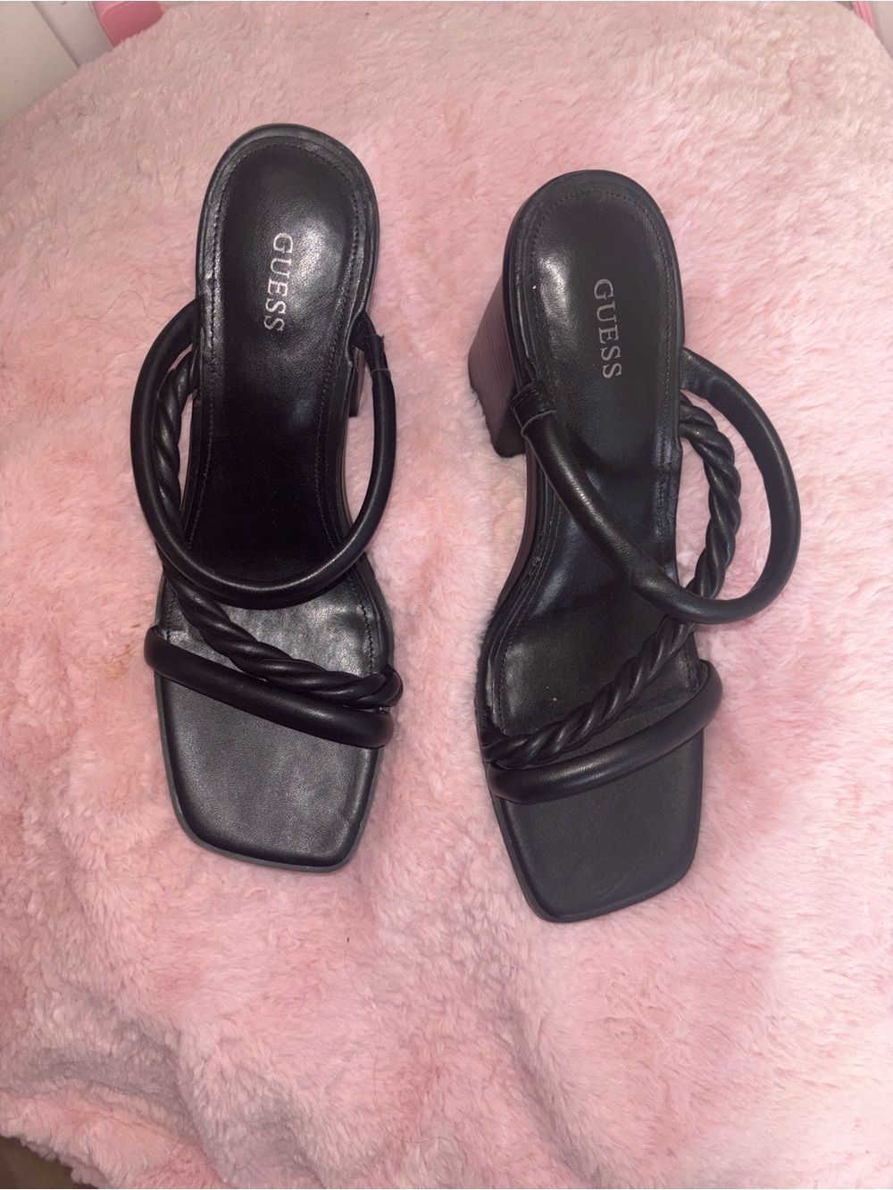 Guess Black Twisted-Strap Square-Toe Block Heel Sandals